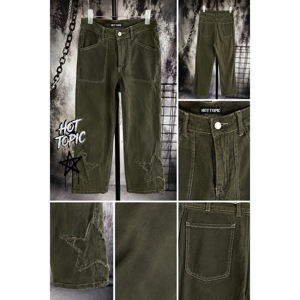 Hot Topic Army Green Star Appliqué Wide Leg Jeans Size 2 Grunge Punk Y2K